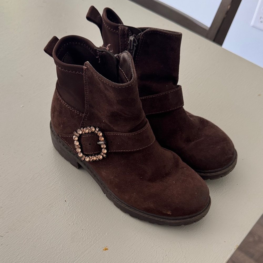 Brown Kids Boots with Rhinestone Buckle
